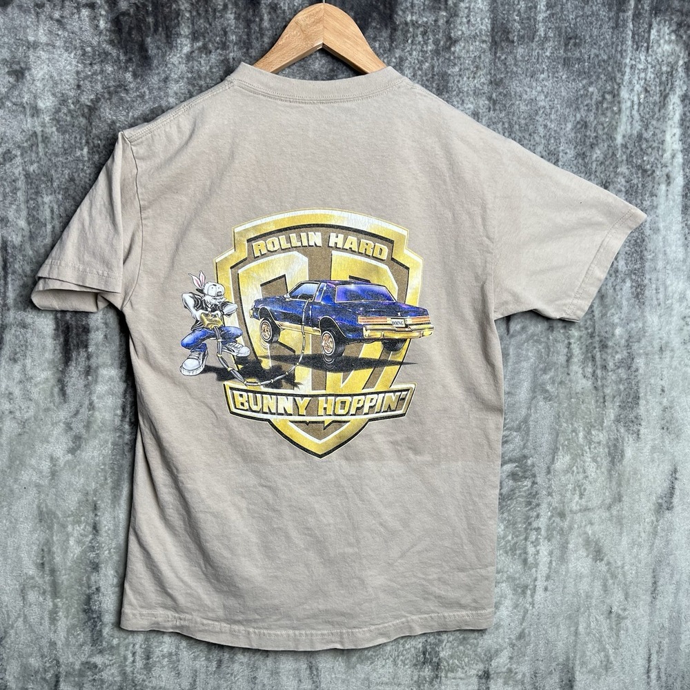 Vintage 90s Rollin Hard Bunny Hoppin Lowrider Tee Shirt Men's Size M Tan